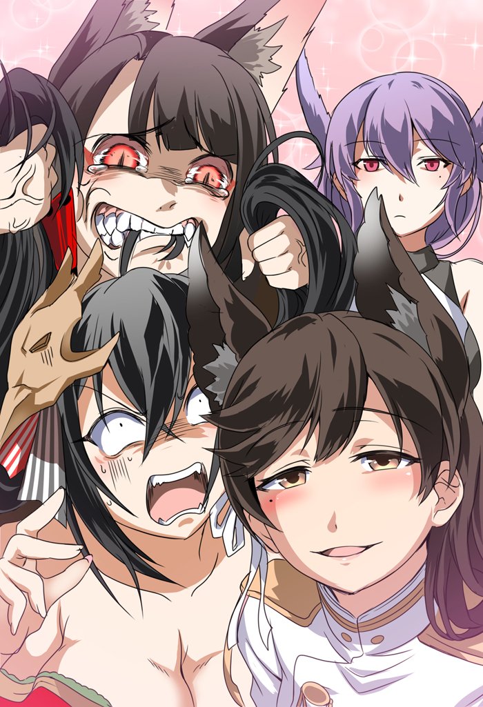 4girls ahoge akagi_(azur_lane) angry animal_ears atago_(azur_lane) azur_lane bangs bare_shoulders black_hair blush breasts brown_eyes cleavage closed_mouth collarbone eating_hair expressionless extra_ears eyebrows_visible_through_hair fangs flower hair_between_eyes hair_flower hair_ornament hair_pull hair_ribbon half-closed_eyes hand_up houshou_(azur_lane) huge_breasts jacket japanese_clothes kimono large_breasts long_hair looking_at_viewer mask mask_on_head military military_uniform mole mole_under_eye multiple_girls off_shoulder open_mouth ponytail purple_hair red_eyes red_kimono ribbon smile steed_(steed_enterprise) sweat sweatdrop swept_bangs taihou_(azur_lane) tearing_up twintails uniform veins very_long_hair white_ribbon