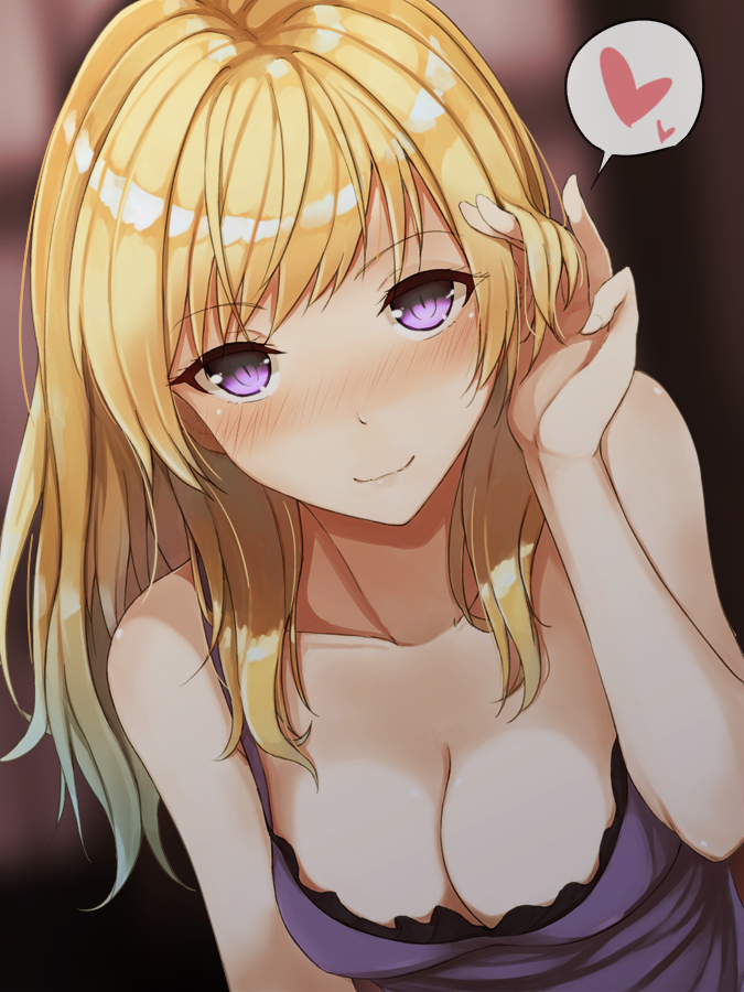 1girl adjusting_hair bangs bare_arms bare_shoulders blonde_hair blurry blurry_background blush breasts cleavage closed_mouth collarbone downblouse dress eyebrows_visible_through_hair fumei_(mugendai) hand_up heart leaning_forward long_hair looking_at_viewer maribel_hearn medium_breasts nose_blush purple_dress shiny shiny_hair sleeveless sleeveless_dress smile solo speech_bubble spoken_heart swept_bangs touhou upper_body violet_eyes