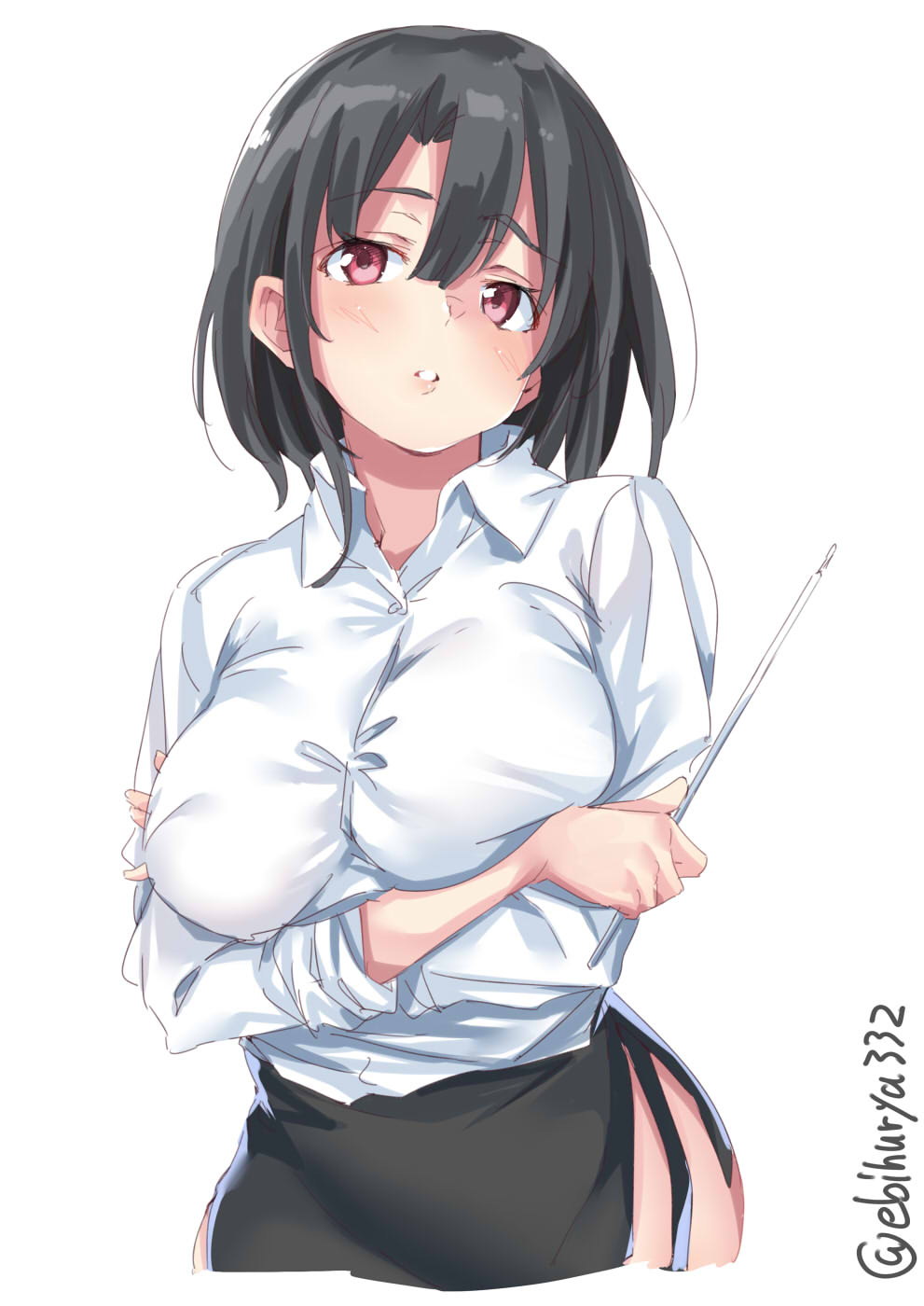 1girl alternate_costume black_hair black_skirt blush breasts closed_mouth ebifurya hair_between_eyes highres kantai_collection large_breasts long_sleeves looking_at_viewer medium_hair miniskirt pointer red_eyes shirt simple_background skirt solo takao_(kantai_collection) twitter_username white_background white_shirt