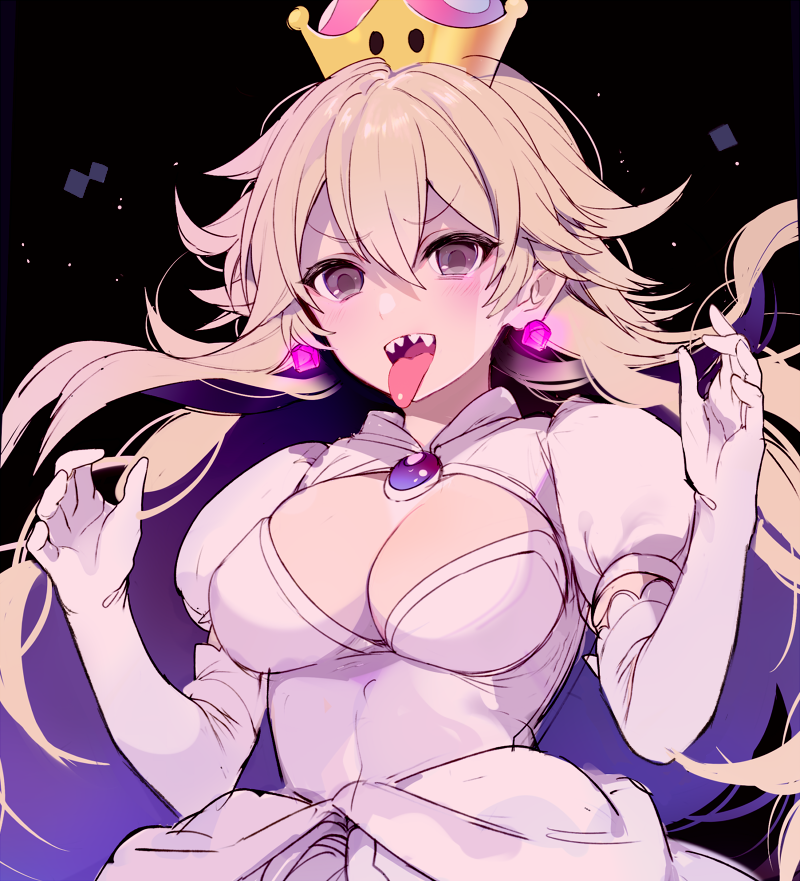 1girl bangs blonde_hair breasts brooch chinako_(pixiv) cleavage crown dress earrings elbow_gloves eyebrows_visible_through_hair genderswap genderswap_(mtf) gloves grey_eyes hair_between_eyes jewelry long_hair long_tongue looking_at_viewer luigi's_mansion super_mario_bros. medium_breasts new_super_mario_bros._u_deluxe nintendo princess_king_boo puffy_short_sleeves puffy_sleeves sharp_teeth short_sleeves solo super_crown super_mario_bros. teeth tongue tongue_out v-shaped_eyebrows very_long_hair white_dress white_gloves