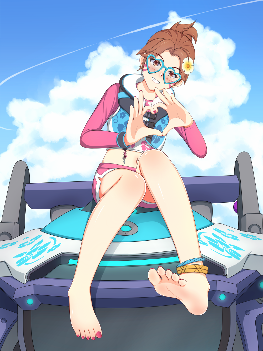 1girl alternate_costume anklet bare_legs barefoot blush brown_eyes brown_hair clouds cloudy_sky d.va_(overwatch) feet floral_print flower full_body grin hair_flower hair_ornament heart heart-shaped_eyewear heart_hands highres jewelry legs looking_at_viewer lululewd mecha navel overwatch short_shorts shorts sitting sky smile soles solo toenail_polish toes waveracer_d.va whisker_markings