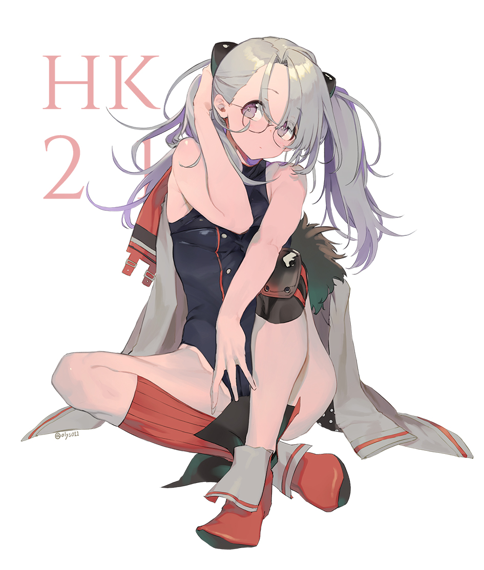 1girl bangs boots breasts character_name closed_mouth cross eyebrows_visible_through_hair full_body girls_frontline glasses grey_hair hair_ornament hair_over_one_eye hand_behind_head hk21_(girls_frontline) jewelry kneehighs leotard long_hair looking_at_viewer necklace olys red_footwear round_eyewear scarf simple_background single_knee_pad single_kneehigh sitting solo twintails violet_eyes white_background