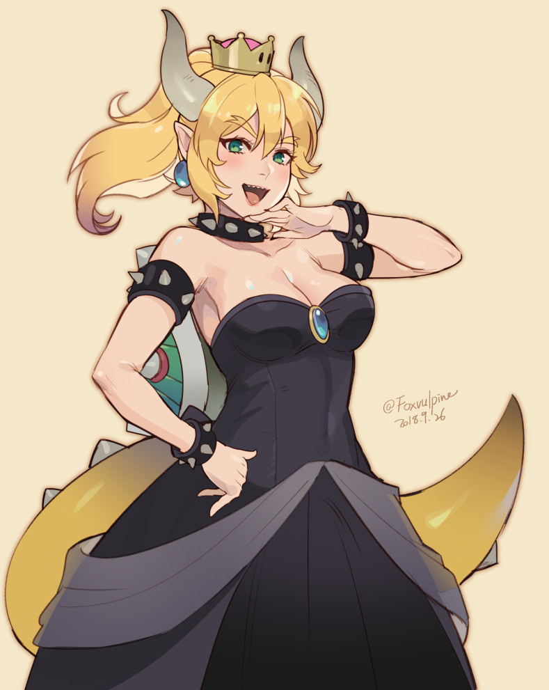 1girl alternate_eye_color bangs bare_shoulders black_dress blush bowsette bracelet breasts brooch cleavage collar cowboy_shot dated dress eyebrows_visible_through_hair foxvulpine green_eyes hair_between_eyes hand_on_hip hand_to_own_mouth horns jewelry laughing looking_at_viewer medium_breasts new_super_mario_bros._u_deluxe nintendo outline pink_lips ponytail reflective_eyes see-through sharp_teeth shiny shiny_hair shiny_skin sidelocks simple_background solo spiked_bracelet spiked_collar spiked_shell spiked_tail spikes strapless strapless_dress super_crown super_mario_bros. tail teeth toned twitter_username