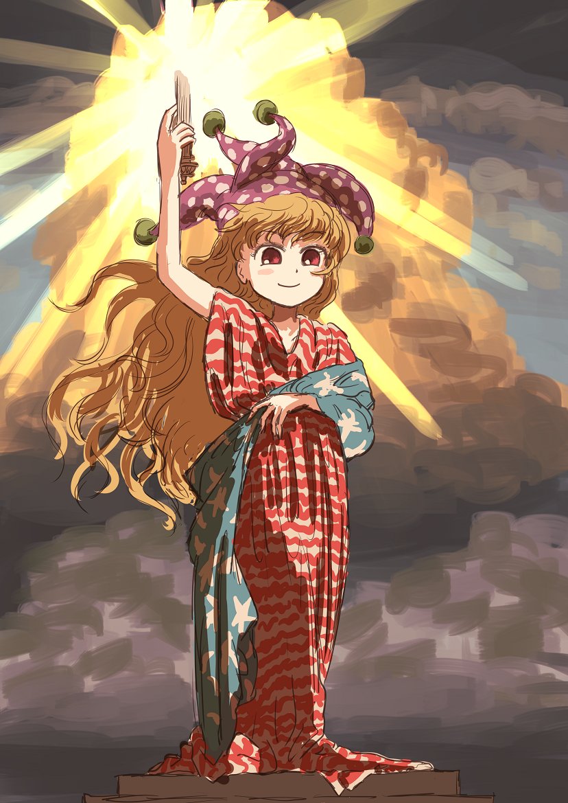 1girl arm_up blonde_hair clownpiece columbia_pictures hat jester_cap kindei_(kondei26) long_hair parody red_eyes smile solo touhou