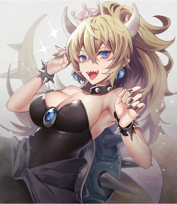 1girl bare_shoulders black_dress blonde_hair blue_eyes bowsette bracelet breasts brooch collar commentary_request crown dress earrings hair_between_eyes horns jewelry large_breasts long_ponytail looking_at_viewer super_mario_bros. mini_crown nail_polish new_super_mario_bros._u_deluxe nintendo open_mouth pointy_ears sharp_teeth sleeveless sleeveless_dress slit_pupils smile solo sparkle spiked_armlet spiked_bracelet spiked_collar spiked_shell spiked_tail spikes strapless strapless_dress super_crown teeth tilted_headwear tongue tongue_out turtle_shell upper_body wavy_hair wide_ponytail yunohito