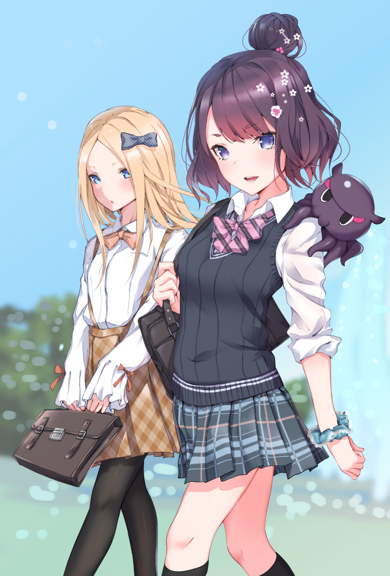 2girls :o abigail_williams_(fate/grand_order) animal bag bangs black_bow black_legwear blonde_hair blue_eyes blue_scrunchie blue_skirt blue_sky blurry blurry_background blush bow breasts brown_skirt collared_shirt commentary_request day depth_of_field fate/grand_order fate_(series) flower hair_bow hair_bun hair_flower hair_ornament holding holding_bag katsushika_hokusai_(fate/grand_order) kneehighs long_hair long_sleeves multiple_girls octopus outdoors pantyhose parted_bangs parted_lips plaid plaid_skirt pleated_skirt polka_dot polka_dot_bow purple_hair sahara386 school_bag school_briefcase school_uniform scrunchie shirt skirt sky sleeves_folded_up sleeves_past_wrists small_breasts suspender_skirt suspenders sweater_vest tokitarou_(fate/grand_order) upper_teeth violet_eyes walking white_flower white_shirt wrist_scrunchie