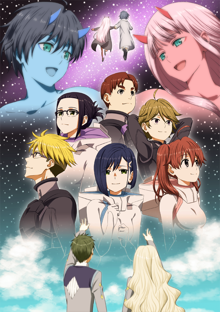 5boys 5girls ahoge arms_behind_head bandage bangs black_bodysuit black_cloak black_hair blonde_hair blue_eyes blue_hair blue_horns blue_skin blue_sky bodysuit boots breasts brown_eyes brown_hair child cloak clouds cloudy_sky coat commentary_request couple darling_in_the_franxx day_and_night dual_persona eyebrows_visible_through_hair from_behind fur_boots fur_coat fur_trim futoshi_(darling_in_the_franxx) glasses gloves gorou_(darling_in_the_franxx) green_eyes grey_coat grey_shirt hachi_kou hair_ornament hairclip hand_holding hand_up hetero high_ponytail hiro_(darling_in_the_franxx) hood hooded_cloak horns ichigo_(darling_in_the_franxx) ikuno_(darling_in_the_franxx) kokoro_(darling_in_the_franxx) light_brown_hair long_coat long_hair long_sleeves looking_at_another looking_at_viewer medium_breasts miku_(darling_in_the_franxx) military mitsuru_(darling_in_the_franxx) multiple_boys multiple_girls oni_horns parka pilot_suit pink_hair ponytail purple_hair red_horns red_skin redhead shirt shirtless short_hair sky small_breasts space star star_(sky) starry_sky thick_eyebrows twintails uniform violet_eyes white_bodysuit white_gloves winter_clothes winter_coat yellow_eyes zero_two_(darling_in_the_franxx) zorome_(darling_in_the_franxx)