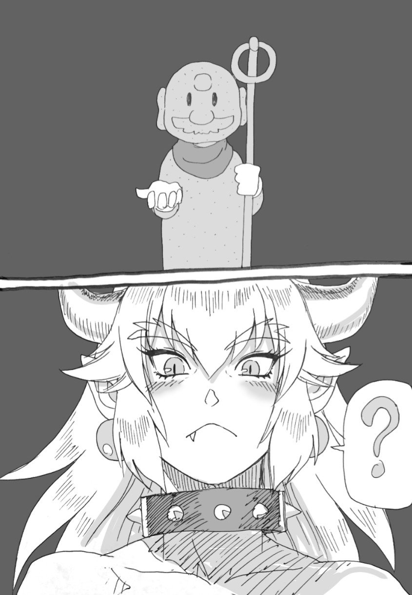 1girl ? blush bowsette collar comic eyebrows_visible_through_hair fang greyscale highres horns jizou kouson_q mario super_mario_bros. monochrome new_super_mario_bros._u_deluxe nintendo ponytail pout silent_comic slit_pupils spiked_collar spikes spoken_question_mark statue thick_eyebrows