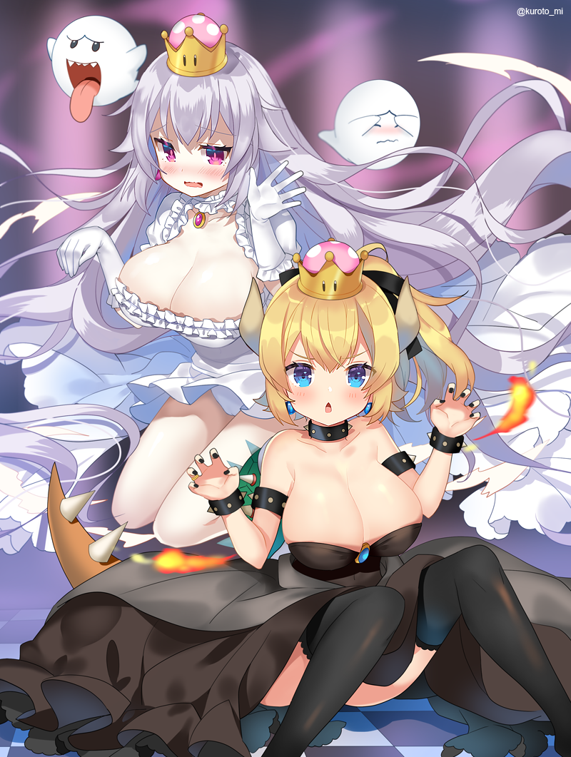 2girls black_dress black_legwear blonde_hair blush boo bowsette bracelet breasts bright_pupils checkered checkered_floor chestnut_mouth claw_pose cleavage collar commentary_request covered_navel crown dress earrings genderswap genderswap_(mtf) gloves horns huge_breasts jewelry kurot long_hair super_mario_bros. multiple_girls nail_polish new_super_mario_bros._u_deluxe nintendo open_mouth outstretched_hand pink_eyes ponytail princess_king_boo spiked_armlet spiked_bracelet spiked_collar spikes super_crown thigh-highs tongue tongue_out very_long_hair wavy_mouth white_dress white_gloves