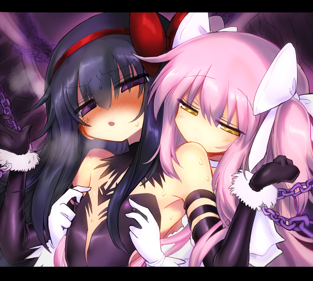 2girls akemi_homura akuma_homura bare_shoulders black_dress black_gloves black_hair blush bow choker dress elbow_gloves erect_nipples feathered_wings frilled_dress frills gloves goddess_madoka grabbing grabbing_from_behind hair_bow hair_ribbon hairband kaname_madoka kyuusui_gakari long_hair mahou_shoujo_madoka_magica mahou_shoujo_madoka_magica_movie multiple_girls nipple_tweak pink_hair red_hairband ribbon two_side_up violet_eyes white_dress white_gloves wings yellow_eyes yuri