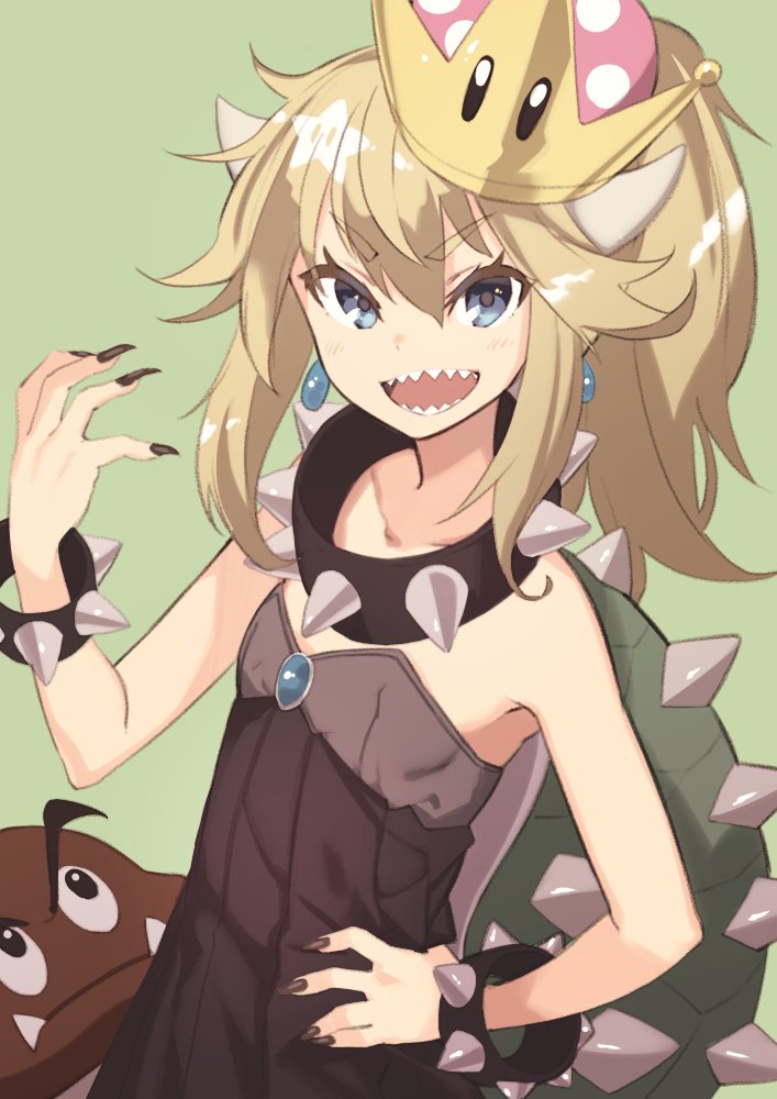 1girl blonde_hair blue_eyes blush bowsette bracelet collar collarbone commentary_request earrings eyebrows_visible_through_hair eyelashes fingernails goomba green_background hair_between_eyes hand_on_hip horns jewelry looking_at_viewer super_mario_bros. nail_polish new_super_mario_bros._u_deluxe nintendo open_mouth ponytail sharp_fingernails sharp_teeth shiny shiny_hair simple_background spiked_bracelet spiked_collar spiked_shell spikes starman_(mario) super_crown teeth ushiki_yoshitaka v-shaped_eyebrows younger