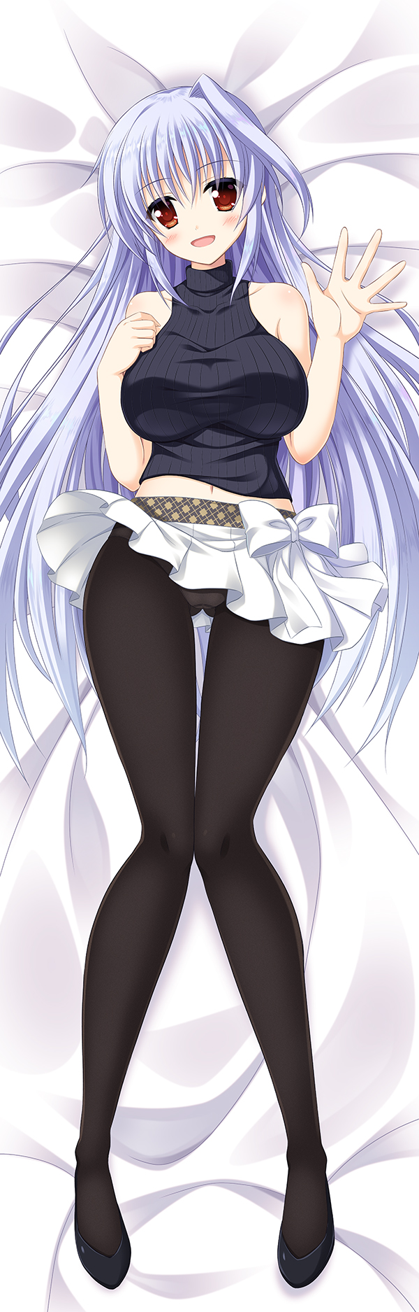 1girl :d black_legwear blush breasts commentary_request dakimakura endori highres knees_together_feet_apart large_breasts long_hair long_legs lying lyrical_nanoha mahou_shoujo_lyrical_nanoha mahou_shoujo_lyrical_nanoha_a's miniskirt navel on_back open_mouth panties panties_under_pantyhose pantyhose pleated_skirt red_eyes reinforce ribbed_sweater silver_hair skirt skirt_lift sleeveless sleeveless_turtleneck smile solo sweater thigh_gap turtleneck underwear very_long_hair waving white_skirt