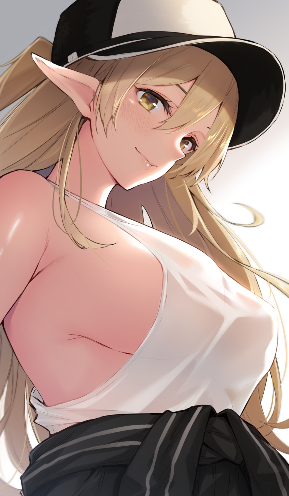 1girl anza_tomo baseball_cap blonde_hair blush breasts closed_mouth clothes_around_waist elf gradient gradient_background hair_between_eyes hat highres jacket_around_waist large_breasts lips long_hair looking_at_viewer one_side_up original pointy_ears see-through_silhouette sideboob simple_background smile solo tied_jacket yellow_eyes