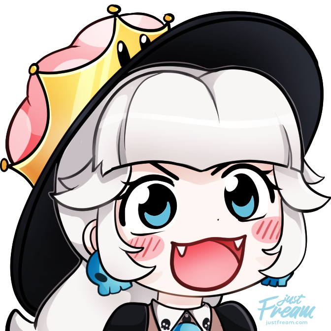 &gt;:d 1girl blue_eyes blush blush_stickers boo commentary crown earrings eyelashes fangs fream gyate_gyate jewelry long_hair super_mario_bros. meme new_super_mario_bros._u_deluxe nintendo open_mouth simple_background solo super_crown transparent_background watermark white_hair