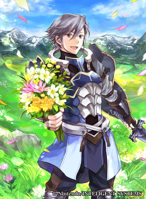 1boy arm_guards armor azur_(fire_emblem) belt black_pants blue_armor blue_coat blue_footwear boots bouquet clouds coat collarbone copyright_name day determined earrings fire_emblem fire_emblem:_kakusei fire_emblem_cipher flower grass grey_eyes grey_hair holding holding_sword holding_weapon jewelry knee_boots knee_pads lips looking_at_viewer male_focus mountain nintendo official_art open_mouth pants petals sheath shirt smile solo standing stud_earrings sunlight sword undershirt vambraces wada_sachiko weapon white_shirt