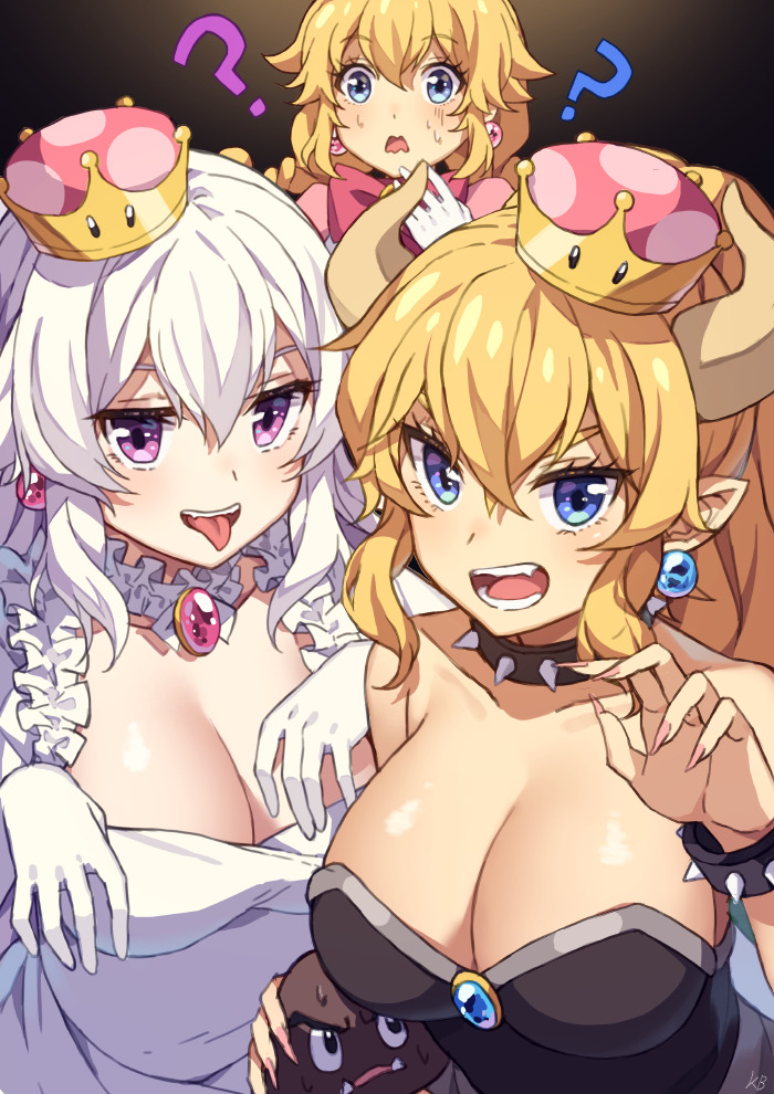3girls ? bangs bare_shoulders black_dress blonde_hair blue_eyes blush bow bowsette bracelet braid breasts brooch cleavage collar collarbone crown detached_collar dress earrings eyebrows_visible_through_hair fang fingernails frilled_dress frills gloves goomba hair_between_eyes horns jewelry kim_bae-eo large_breasts long_hair looking_at_viewer luigi's_mansion super_mario_bros. mini_crown multiple_girls nail_polish new_super_mario_bros._u_deluxe nintendo open_mouth peachette pink_dress pink_nails pointy_ears ponytail princess_king_boo princess_peach red_bow revision sharp_teeth short_sleeves smile spiked_bracelet spiked_collar spikes strapless strapless_dress super_crown sweat teeth tilted_headwear tongue tongue_out turtle_shell twin_braids twintails v-shaped_eyebrows violet_eyes white_dress white_gloves white_hair