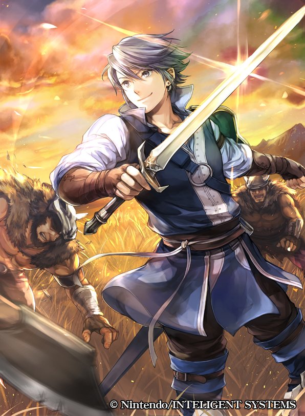 3boys axe azur_(fire_emblem) belt black_pants blue_coat blue_footwear boots clouds coat collarbone commentary_request determined dusk earrings evening faceless faceless_male fire_emblem fire_emblem:_kakusei fire_emblem_cipher grass grey_eyes grey_hair holding holding_axe holding_sword holding_weapon jewelry knee_boots lips male_focus mountain multiple_boys nintendo official_art pants sheath shirt smile stud_earrings sunset sword undershirt wada_sachiko weapon white_shirt