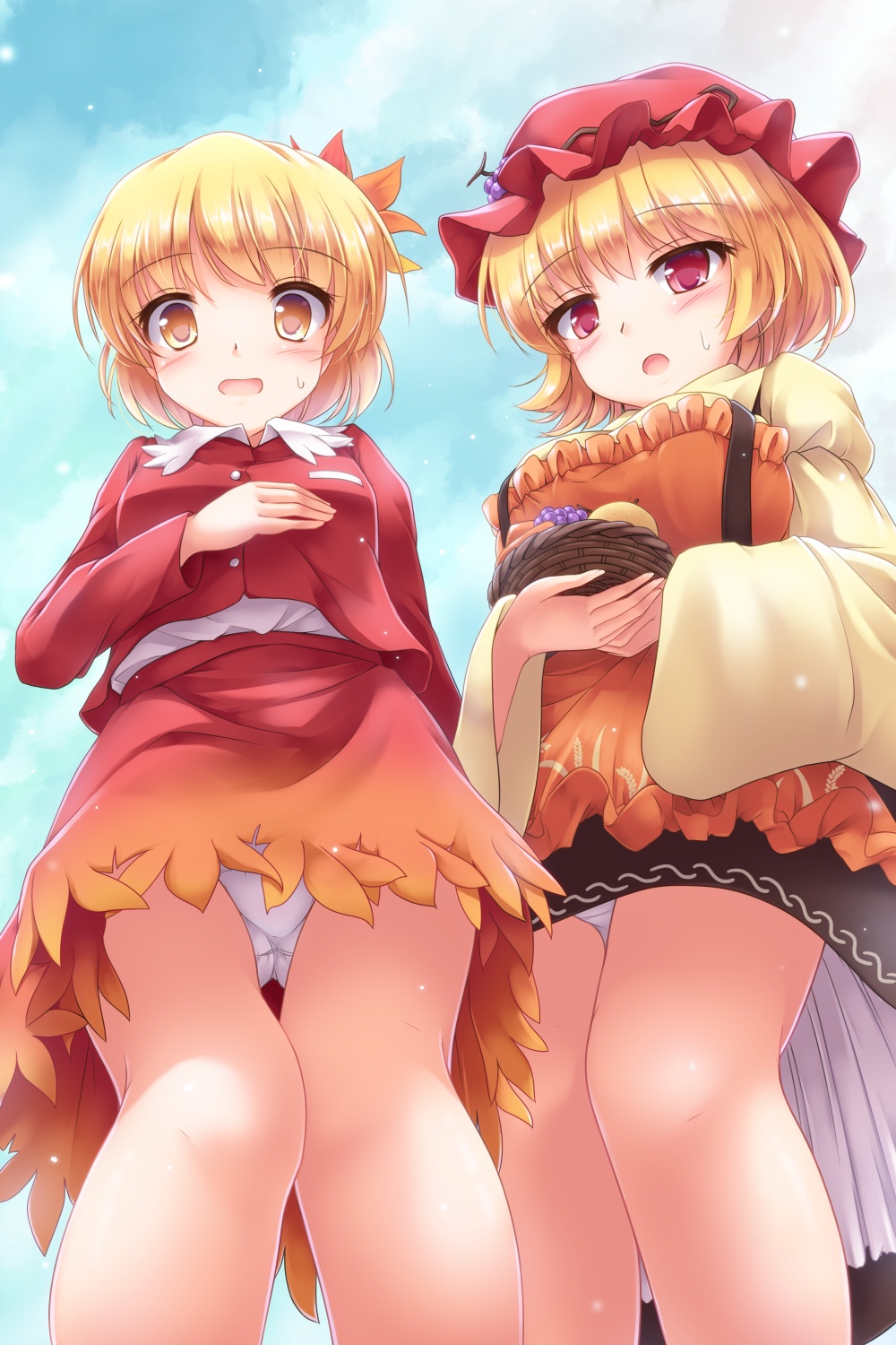 2girls :o aki_minoriko aki_shizuha basket blonde_hair blush commentary_request eyebrows_visible_through_hair eyes_visible_through_hair food from_below fruit highres long_sleeves lzh multiple_girls orange_eyes panties pantyshot red_eyes skirt skirt_set sweatdrop touhou underwear white_panties wide_sleeves