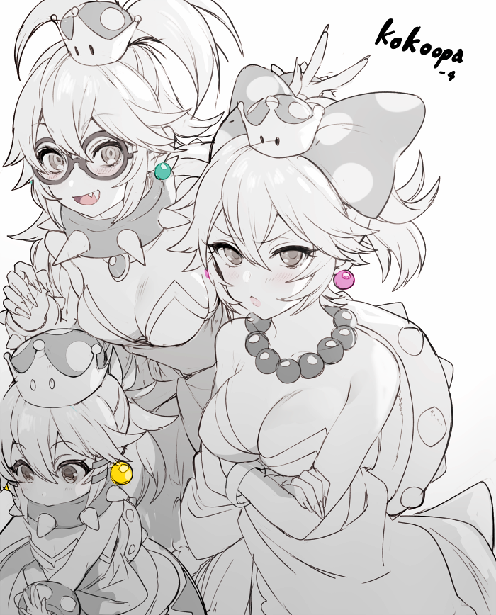 3girls :d bangs bow bracelet breasts chinako_(pixiv) cleavage collar collarbone crossed_arms crown earrings eyebrows_visible_through_hair fang fingernails genderswap genderswap_(mtf) glasses hair_between_eyes hair_bow iggy_koopa jewelry koopalings lemmy_koopa lips long_fingernails looking_at_viewer super_mario_bros. medium_breasts multiple_girls necklace new_super_mario_bros._u_deluxe nintendo open_mouth polka_dot polka_dot_bow ponytail round_eyewear smile spiked spiked_bracelet spiked_collar spikes super_crown super_mario_bros. turtle_shell v-shaped_eyebrows wendy_o._koopa