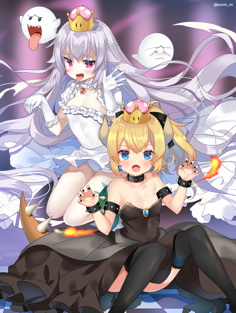 2girls black_dress black_legwear blonde_hair boo bowsette bracelet bright_pupils checkered checkered_floor claw_pose collar covered_navel crown dress earrings fang flat_chest genderswap genderswap_(mtf) gloves horns jewelry kurot long_hair super_mario_bros. multiple_girls nail_polish new_super_mario_bros._u_deluxe nintendo open_mouth outstretched_hand pink_eyes ponytail princess_king_boo sharp_teeth spiked_armlet spiked_bracelet spiked_collar spikes super_crown teeth thigh-highs tongue tongue_out very_long_hair white_dress white_gloves