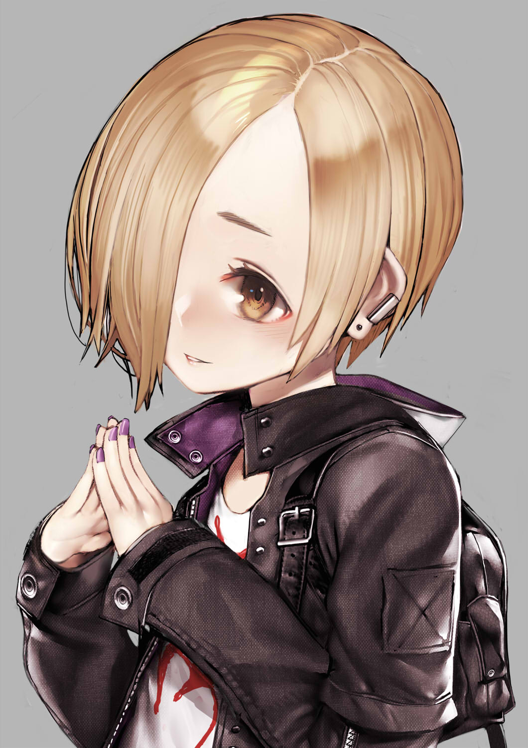 1girl backpack bag bangs black_jacket blush brown_eyes commentary_request ear_piercing earrings fingernails grey_background hair_over_one_eye head_tilt highres idolmaster idolmaster_cinderella_girls jacket jewelry light_brown_hair long_sleeves nail_polish nyatabe open_clothes open_jacket parted_lips piercing purple_nails shirasaka_koume shirt simple_background sleeves_past_wrists solo steepled_fingers upper_body white_shirt