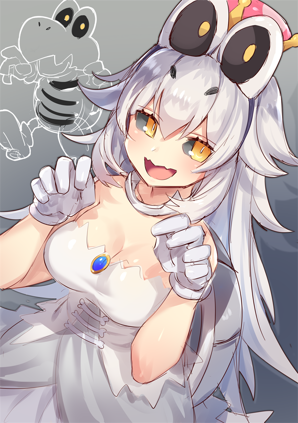 1girl :d bare_shoulders black_sclera breasts bright_pupils cleavage crown dress dry_bones dutch_angle eyebrows_visible_through_hair fangs gem gloves grey_background hands_up long_hair looking_at_viewer super_mario_bros. new_super_mario_bros._u_deluxe nintendo open_mouth silver_hair slit_pupils smile solo strapless strapless_dress super_crown white_dress white_gloves yamaarashi yellow_eyes