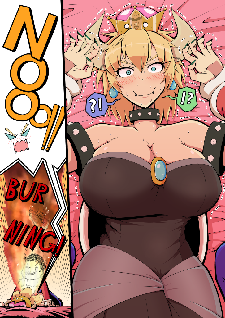 !? 1boy 1girl aqua_earrings aqua_eyes bangs bare_shoulders black_dress blonde_hair blush bowsette bracelet breasts breathing_fire brooch cabbie_hat cleavage collar constricted_pupils cowboy_shot dress embarrassed emphasis_lines english eyelashes facial_hair fangs_out fire gloves green_nails hair_between_eyes hat hat_removed head_tilt headwear_removed hips horns huge_breasts inset jewelry looking_at_viewer lying super_mario_bros. mustache nail_polish nervous new_super_mario_bros._u_deluxe nintendo nose_blush on_back on_bed overalls pantyhose pinned pororokka_(macareo) pov puckered_lips red_shirt reflection screaming sharp_nails shell shiny shiny_hair shiny_skin shirt short_hair skindentation solo_focus spiked_bracelet spiked_collar spikes spoken_interrobang strapless strapless_dress super_crown teeth trembling waist white_gloves