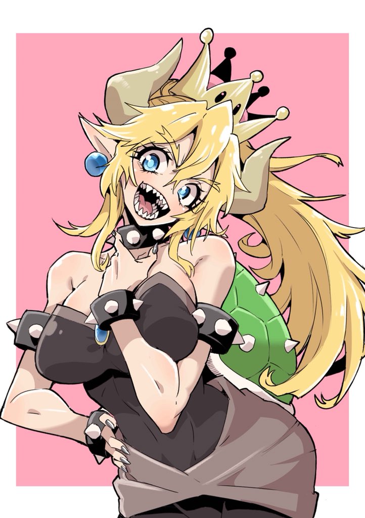 1girl armlet bare_shoulders black_dress black_nails blonde_hair blue_eyes bowsette bracelet collar commentary_request crown dress earrings fingernails hand_on_hip head_tilt hirakata_masahiro impossible_clothes impossible_dress jewelry super_mario_bros. nail_polish new_super_mario_bros._u_deluxe nintendo open_mouth pointy_ears ponytail sharp_fingernails sharp_teeth solo spiked_bracelet spiked_collar spiked_shell spikes strapless strapless_dress super_crown teeth turtle_shell