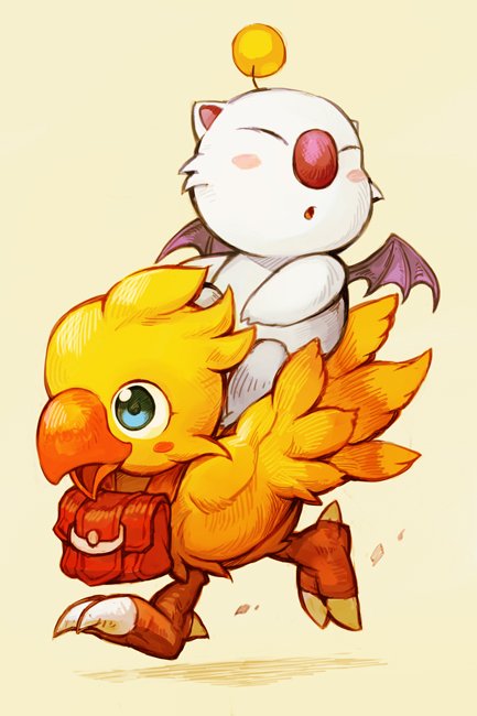 bag bird blue_eyes blush_stickers chocobo closed_eyes final_fantasy final_fantasy_fables grey_background hankuri moogle no_humans parted_lips riding running simple_background smile