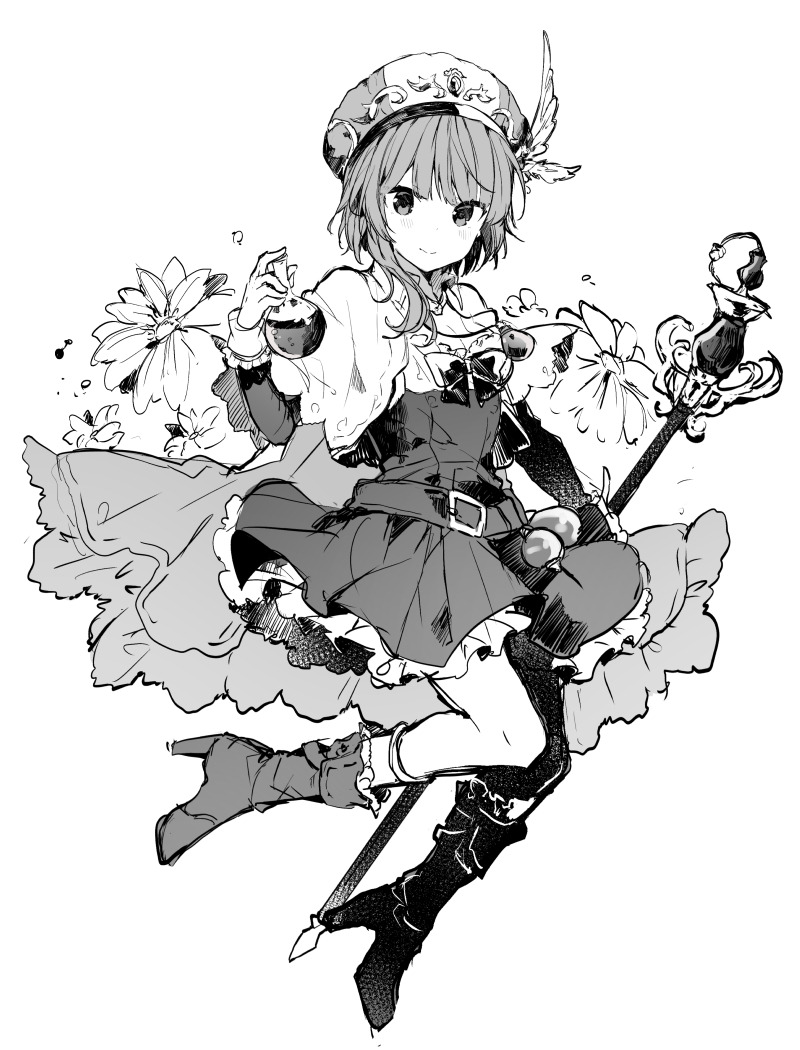 1girl ankle_boots belt boots bow bowtie cape closed_mouth copyright_request flower greyscale hat hat_feather high_heel_boots high_heels holding ikeuchi_tanuma imp looking_at_viewer monochrome pleated_skirt short_hair short_sleeves simple_background skirt smile solo staff white_background