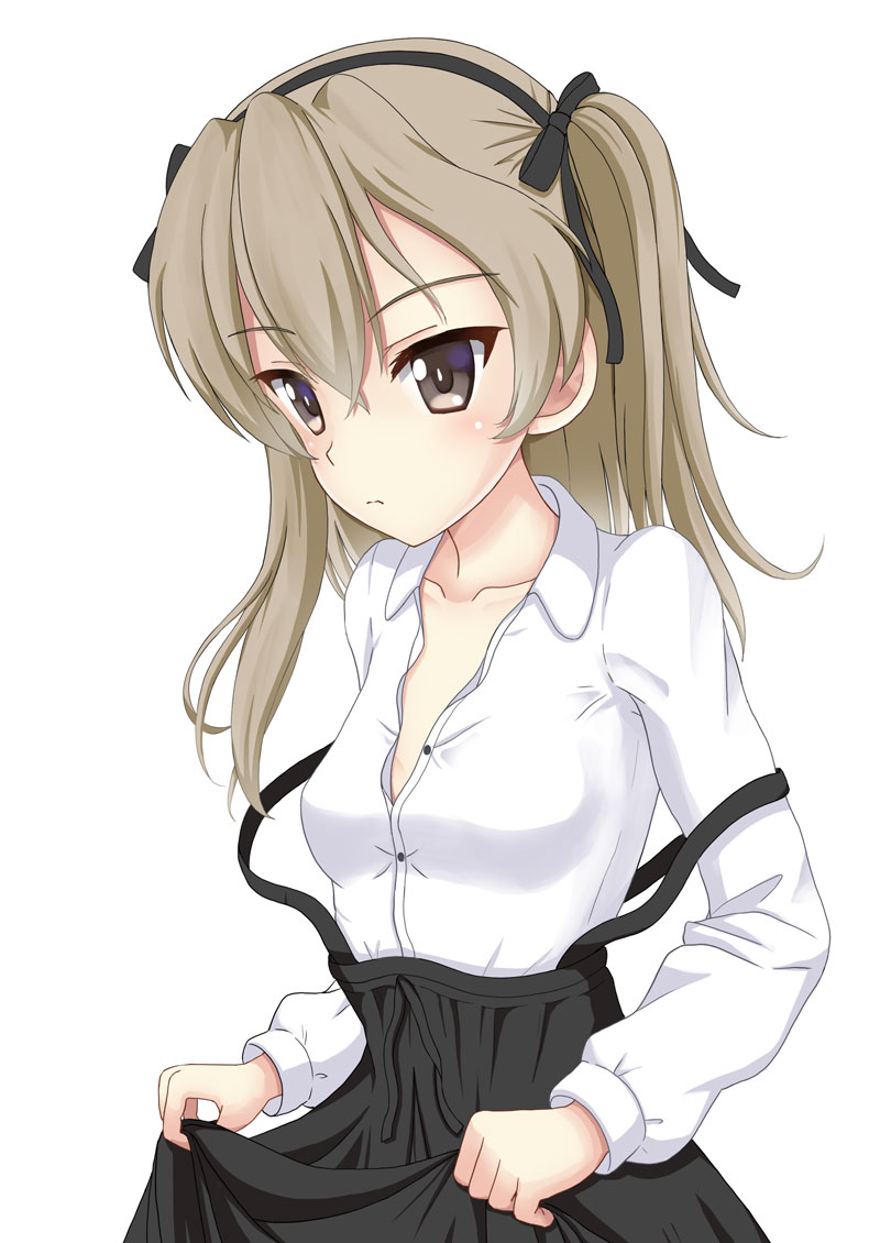 1girl bangs black_bow black_hairband black_skirt blush bow breasts brown_eyes brown_hair closed_mouth collarbone collared_shirt dress_shirt eyebrows_visible_through_hair flipper girls_und_panzer hair_between_eyes hair_bow hairband long_hair long_sleeves looking_away one_side_up open_clothes open_shirt partially_unbuttoned shimada_arisu shirt simple_background skirt small_breasts solo suspender_skirt suspenders suspenders_slip white_background white_shirt