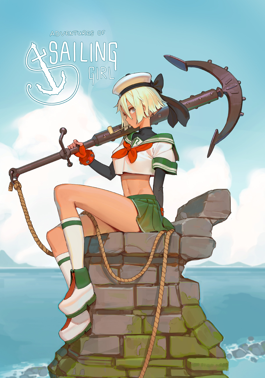 1girl anchor blonde_hair blue_eyes blue_sky boots clouds crop_top day english fingerless_gloves from_side full_body gloves green_skirt groin hat hat_ribbon highres holding horizon looking_at_viewer midriff mouth_hold navel neckerchief ocean original outdoors over_shoulder pipe pleated_skirt red_gloves ribbon rope sailor_hat school_uniform serafuku shirt short_hair short_sleeves sitting skirt sky socks solo tim_loechner water white_footwear white_legwear