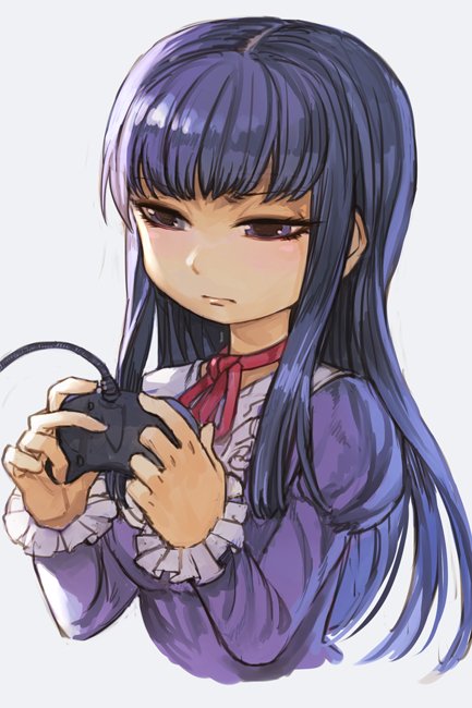 1girl bangs closed_mouth cropped_torso ears_visible_through_hair hankuri high_score_girl holding holding_controller long_hair long_sleeves looking_at_viewer oono_akira purple_hair solo violet_eyes white_background