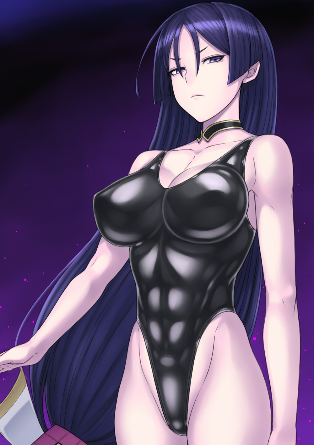 1girl abs black_eyes breasts cowboy_shot fate/grand_order fate_(series) gradient gradient_background hai_(h81908190) highleg highleg_swimsuit highres large_breasts long_hair looking_at_viewer minamoto_no_raikou_(fate/grand_order) one-piece_swimsuit purple_background purple_hair solo standing swimsuit very_long_hair violet_eyes