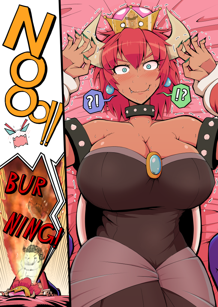 !? 1boy 1girl aqua_earrings aqua_eyes bangs bare_shoulders black_dress blush bowsette bracelet breasts breathing_fire brooch cabbie_hat cleavage collar constricted_pupils cowboy_shot dark_skin dress embarrassed emphasis_lines english eyelashes facial_hair fangs_out fire gloves green_nails hair_between_eyes hat hat_removed head_tilt headwear_removed hips horns huge_breasts inset jewelry looking_at_viewer lying super_mario_bros. mustache nail_polish nervous new_super_mario_bros._u_deluxe nintendo nose_blush on_back on_bed overalls pantyhose pinned pororokka_(macareo) pov puckered_lips red_shirt redhead reflection screaming sharp_nails shell shiny shiny_hair shiny_skin shirt short_hair skindentation solo_focus spiked_bracelet spiked_collar spikes spoken_interrobang strapless strapless_dress super_crown teeth trembling waist white_gloves