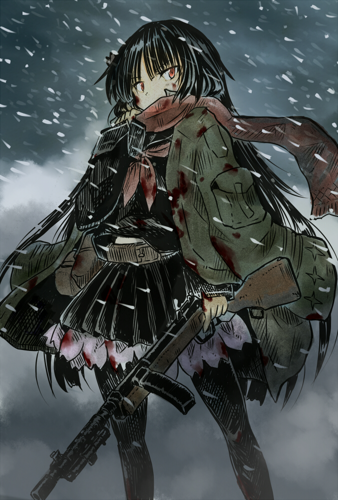 1girl bangs belt black_hair black_legwear black_serafuku black_skirt blood blood_on_face bloody_clothes blunt_bangs commentary_request covered_mouth cowboy_shot girls_frontline green_coat gun holding holding_gun holding_scarf holding_weapon jacket_on_shoulders long_hair long_sleeves mori_souchou outdoors pantyhose pleated_skirt red_eyes red_scarf scarf school_uniform serafuku skirt snowing solo submachine_gun trigger_discipline type_100 type_100_(girls_frontline) weapon