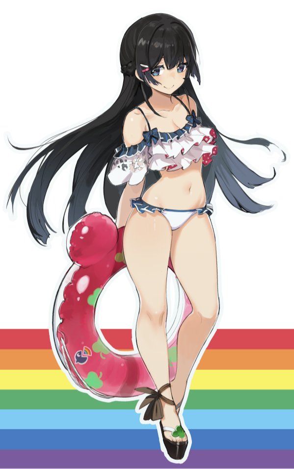 1girl ankle_ribbon arms_behind_back bare_legs bikini black_hair blue_eyes braid breasts bright_pupils cleavage contrapposto frilled_bikini frills full_body hair_ornament hairclip innertube long_hair looking_at_viewer navel nijisanji outline ribbon sandals seinen side_braid simple_background smile solo swimsuit tsukino_mito very_long_hair white_bikini