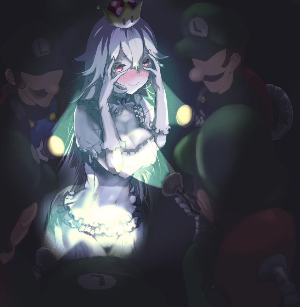 1girl 5boys breasts cabbie_hat cleavage closed_mouth commentary_request crown dark dress embarrassed facial_hair flashlight frilled_dress frills genderswap genderswap_(mtf) ghost gloves green_hat half-closed_eyes hands_on_own_face hat luigi luigi's_mansion super_mario_bros. multiple_boys mustache new_super_mario_bros._u_deluxe nikuman_(samara) nintendo nose personification princess_king_boo super_crown violet_eyes wavy_mouth white_dress white_gloves white_hair white_skin