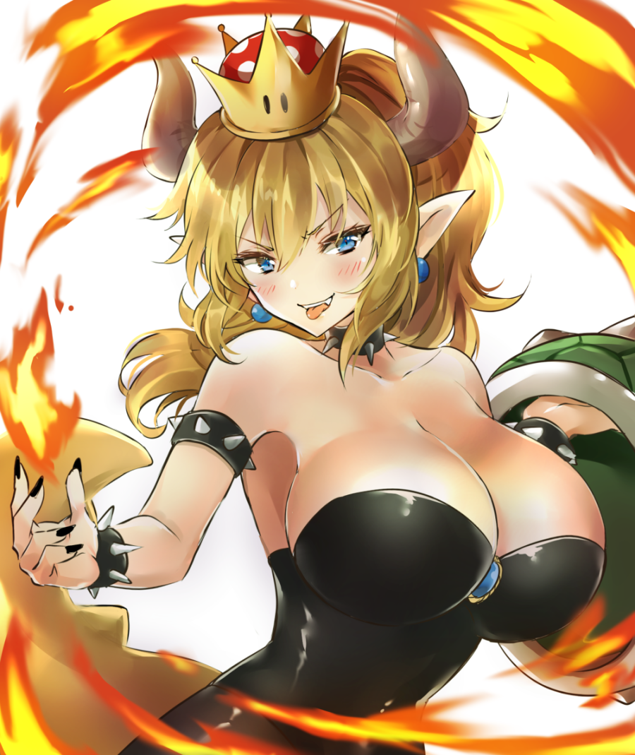 1girl armlet armpits bangs bare_shoulders black_collar black_leotard black_nails blonde_hair blue_eyes blush bowsette bracelet breasts brooch cleavage collar collarbone commentary_request crown dress earrings eyebrows_visible_through_hair fingernails fire hands_up holding horns jewelry large_breasts leotard long_hair looking_at_viewer super_mario_bros. melynx_(user_aot2846) nail_polish new_super_mario_bros._u_deluxe nintendo pointy_ears ponytail sharp_fingernails sharp_teeth shell sidelocks skindentation solo spiked_bracelet spiked_collar spiked_shell spiked_tail spikes strapless strapless_leotard super_crown tail teeth tongue tongue_out turtle_shell upper_teeth v-shaped_eyebrows white_background