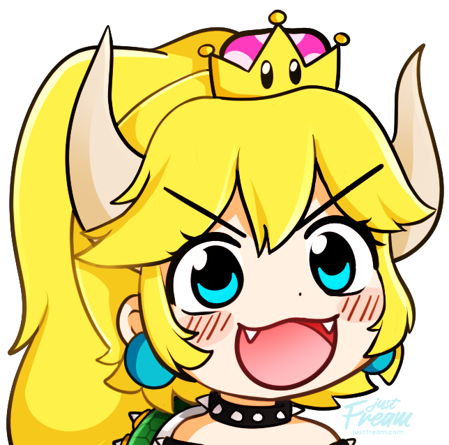 &gt;:d 1girl blush bowsette collar commentary earrings eyelashes fangs fream gyate_gyate horns jewelry long_hair super_mario_bros. meme new_super_mario_bros._u_deluxe nintendo open_mouth ponytail simple_background solo spiked_armlet spiked_collar spikes super_crown turtle_shell watermark white_background