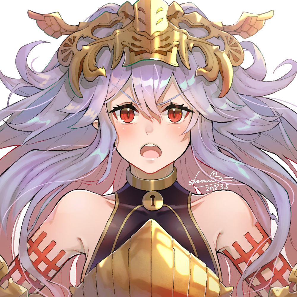 1girl :d blush bodysuit breastplate breasts crown granblue_fantasy hair_ornament jewelry medusa_(shingeki_no_bahamut) messy_hair necklace open_mouth purple_hair red_eyes sa-mu shingeki_no_bahamut simple_background small_breasts smile