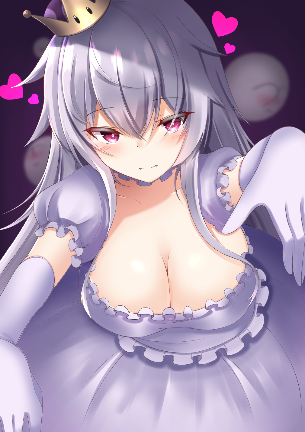 1girl blush boo breasts cleavage closed_mouth covering_face crown doyachii dress embarrassed fangs frilled_dress frills genderswap genderswap_(mtf) ghost gloves half-closed_eyes heart highres large_breasts long_hair looking_at_viewer luigi's_mansion super_mario_bros. new_super_mario_bros._u_deluxe nintendo pale_skin personification pov pov_hands princess_king_boo puffy_short_sleeves puffy_sleeves short_sleeves solo super_crown very_long_hair violet_eyes white_dress white_gloves white_skin