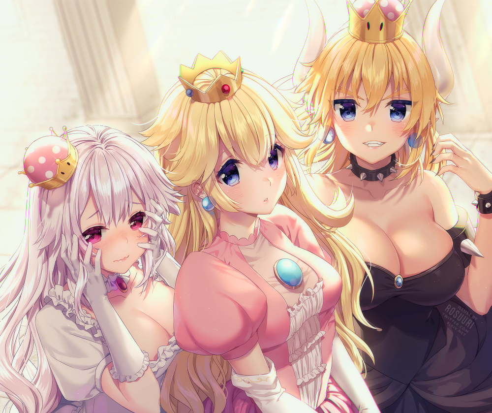 3girls armlet bare_shoulders black_dress black_nails blonde_hair blue_eyes bowser bowsette bracelet breasts collar collarbone commentary crown dress earrings elbow_gloves frilled_dress frilled_gloves frills genderswap genderswap_(mtf) ghost gloves hair_between_eyes hands_on_own_cheeks hands_on_own_face horns jewelry large_breasts looking_at_viewer super_mario_bros. mini_crown multiple_girls nail_polish new_super_mario_bros._u_deluxe nintendo parted_lips pink_dress ponytail princess_king_boo princess_peach puffy_short_sleeves puffy_sleeves red_eyes rosuuri sharp_teeth short_sleeves spiked_bracelet spiked_collar spikes strapless strapless_dress super_crown super_mario_bros. teeth transformation white_dress white_gloves white_hair