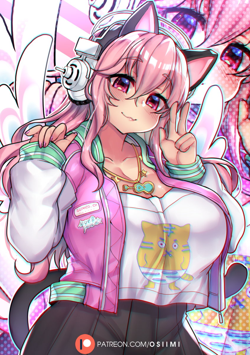 1girl animal_ears arms_up artist_name bangs black_skirt blush breasts cat_ear_headphones cat_ears cat_tail cleavage closed_mouth collarbone commentary eyebrows_visible_through_hair hair_between_eyes headphones highres jacket jewelry large_breasts letterman_jacket lips long_hair long_sleeves looking_at_viewer nail_polish necklace nitroplus osiimi patreon_logo pink_eyes pink_hair pink_jacket pink_nails pleated_skirt shirt sidelocks skirt sleeves_past_wrists smile solo super_sonico t-shirt tail v virtual_youtuber white_jacket white_shirt wings