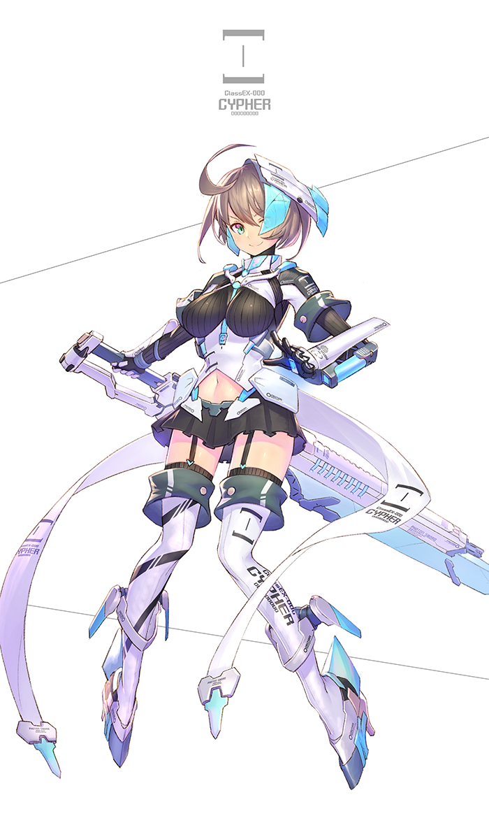 &gt;:) 1girl ahoge aqua_eyes arm_guards bangs between_breasts black_gloves black_legwear black_skirt blush boots breasts brown_hair closed_mouth clothes_writing commentary_request corset faulds floating gloves headgear high_heel_boots high_heels holding holding_sword holding_weapon huge_weapon impossible_clothes looking_at_viewer mecha_musume medium_breasts miniskirt nadare-san_(nadare3nwm) navel original pleated_skirt short_hair skirt smile solo striped sword thigh-highs thigh_boots thighhighs_under_boots underbust vertical_stripes weapon white_footwear white_hair