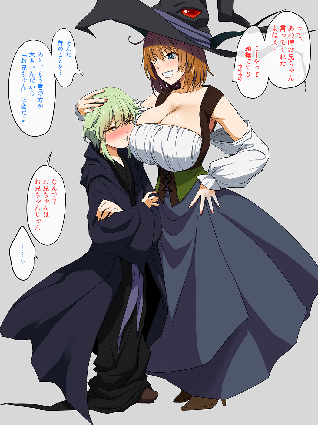 1boy 1girl ahoge androgynous blue_eyes blush breast_press breasts brown_hair cleavage crossed_arms detached_wings green_hair grey_background grin hand_on_another's_head hand_on_hip hat height_difference high_heels highres huge_breasts kloah light_green_hair looking_away majo_shuukai_de_aimashou one_eye_closed original robe simple_background smile translated underbust wide_sleeves wings wizard_hat yellow_eyes