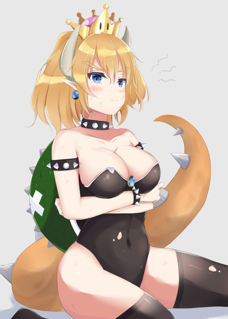 1girl amakawa_ruka arms_under_breasts bandaid bare_shoulders black_legwear black_leotard blonde_hair blue_eyes blush bowsette bracelet breasts cleavage collar collarbone commentary_request covered_navel crossed_arms earrings eyebrows_visible_through_hair hair_between_eyes jewelry large_breasts leotard super_mario_bros. new_super_mario_bros._u_deluxe nintendo pointy_ears scuffed shell shiny shiny_clothes sitting solo spiked_armlet spiked_bracelet spiked_collar spikes super_crown tail tearing_up thick_eyebrows thigh-highs