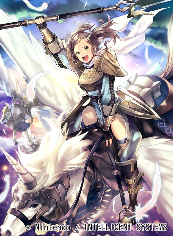 3girls armor bangs breastplate clouds cloudy_sky commentary_request company_name copyright_name cynthia_(fire_emblem) dress feathers fingerless_gloves fire_emblem fire_emblem:_kakusei fire_emblem_cipher gloves green_eyes grey_hair holding holding_weapon horn long_hair long_sleeves looking_at_viewer multiple_girls nagahama_megumi nintendo official_art open_mouth outdoors parted_bangs pegasus pegasus_knight polearm shiny shiny_hair sky smile spear weapon