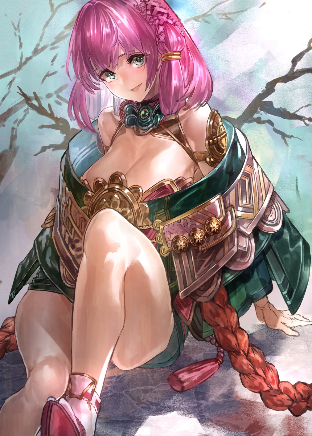 bangs bare_shoulders braid breasts cleavage cleavage_cutout commentary_request green_eyes green_jacket high_heels highres jacket large_breasts legs long_braid looking_at_viewer on_ground open_mouth original parted_lips pink_hair side_ponytail signo_aaa single_braid sitting tassel