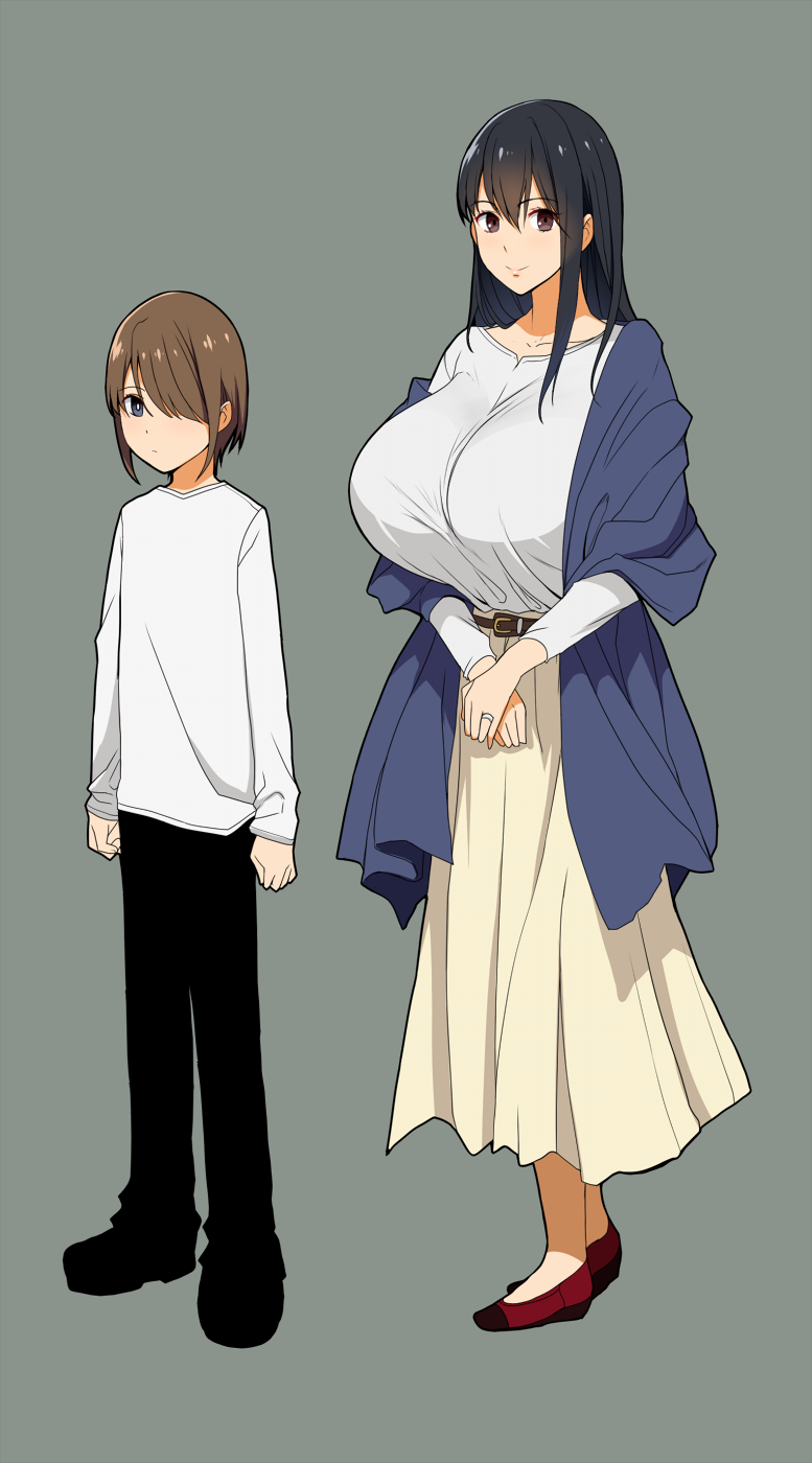 1boy 1girl belt black_hair blue_eyes breasts brown_eyes coat grey_background hair_over_one_eye highres huge_breasts jewelry kloah long_hair looking_at_viewer original ring simple_background skirt smile